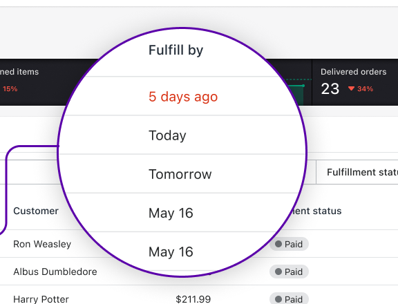 Shopify order list view showing Fulfill By deadline column