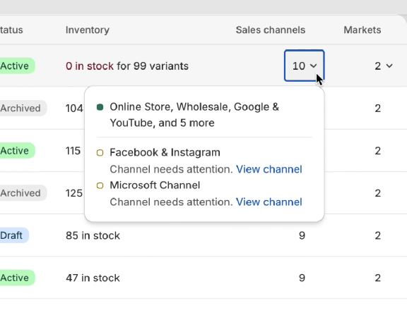 Shopify product list view showing inline publishing signals